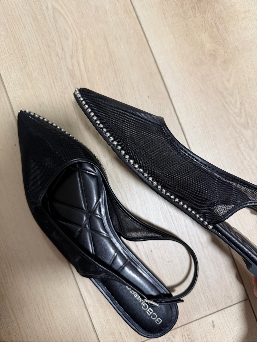 BCBGMaxAzria Black Mesh Pointed Slingback Flats with Silver Studs